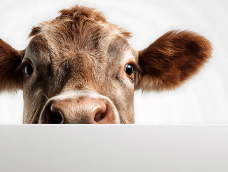 Close-up portrait of a brown cow behind a white sheet of paperの写真素材