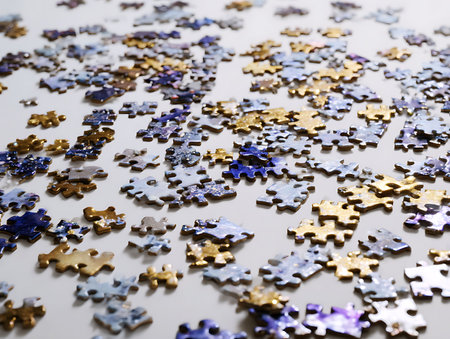 Colorful jigsaw puzzle pieces on white background. Close-up.の写真素材