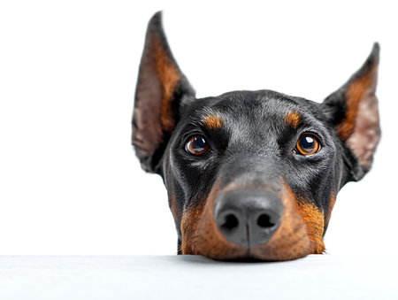 Portrait of a purebred doberman dog, isolated on whiteの写真素材