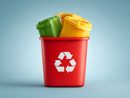 Recycling bin with yellow, green and red waste isolated on blue backgroundの写真素材