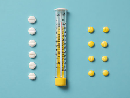 Thermometer and pills on blue background. Top view with copy spaceの写真素材
