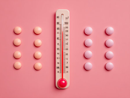 Thermometer and pills on pink background. Health care concept.の写真素材