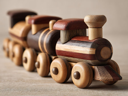 Wooden toy train on canvas background, selective focus, shallow DOFの写真素材