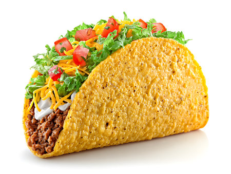 Mexican tacos with beef, cheese and vegetables isolated on white backgroundの写真素材