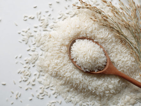 Rice grains and wooden spoon on white background. Top view.の写真素材