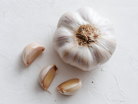 Garlic on a white background. Flat lay, top view.の写真素材