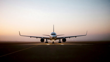 Airplane on the runway of the airport in the rays of the setting sunの写真素材