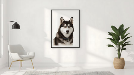 Mock up poster in modern living room interior with dog huskyの写真素材