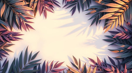 Creative layout made of tropical leaves. Flat lay, top view minimal summer concept.の写真素材