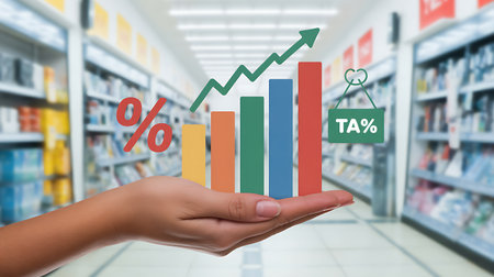 Hand of a woman holding up a bar graph showing growth in stock marketの写真素材