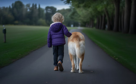 Little girl walking with her dog in a park. Rear view.の写真素材