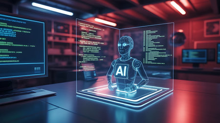 AI robot hologram on computer monitor. 3d rendering toned imageの写真素材
