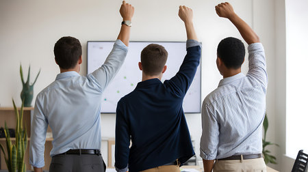 Back view of diverse businesspeople raising arms in office, celebrating success. Multiracial group of coworkers standing in front of whiteboard with graphs. Success conceptの写真素材