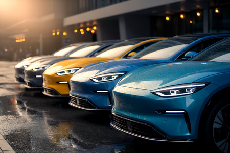 Row of blue and yellow cars parked in a row on parking lotの写真素材
