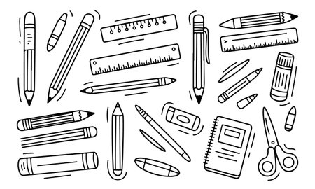 Pencils, ruler, pencil sharpener and other school supplies. Hand drawn vector illustration.のイラスト素材