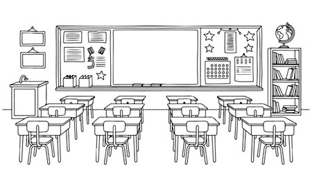 Classroom interior graphic black white sketch vector illustration hand drawn line artのイラスト素材