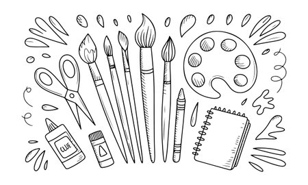 Paint brushes and sketchbook. Hand drawn vector illustration. Black and white drawing.のイラスト素材