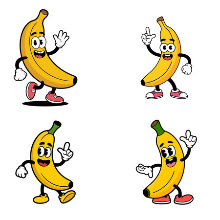 Cartoon banana character with different expressions. Vector illustration isolated on white background.のイラスト素材