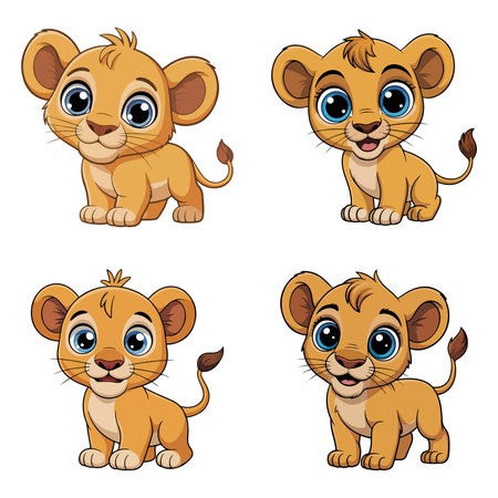 Cute cartoon lion cubs set isolated on white background. Vector illustration.のイラスト素材