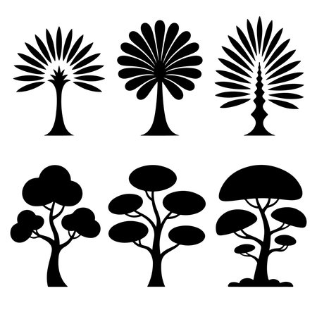 Collection of black silhouettes of trees. Vector illustration isolated on white background.のイラスト素材