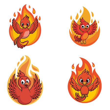Flaming birds on fire icons set isolated on white background.のイラスト素材