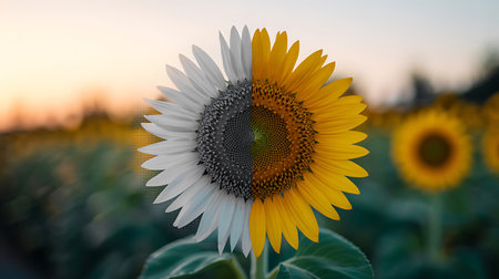 Sunflower field at sunset, close-up. Selective focus.の写真素材