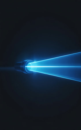 Blue laser beam on a dark background. 3D Rendering.の写真素材