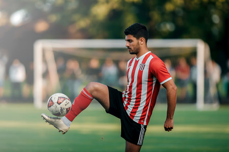 soccer or football player in action on the field of the stadiumの写真素材