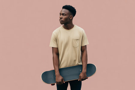 Young african american man with skateboard isolated on pink backgroundの写真素材