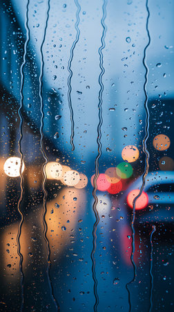 Rain drops on the window with blurred background of traffic jam in the cityの写真素材