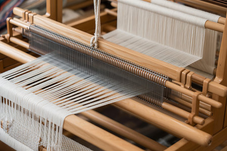 Weaving loom in a textile factory. Close-up.の写真素材