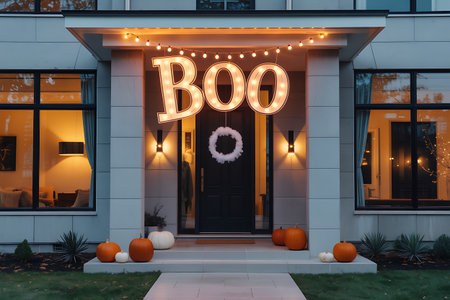 3d render of halloween decorated front door with welcome sign.の写真素材