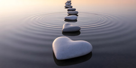 Stones in the water with a heart shape on the background.の写真素材