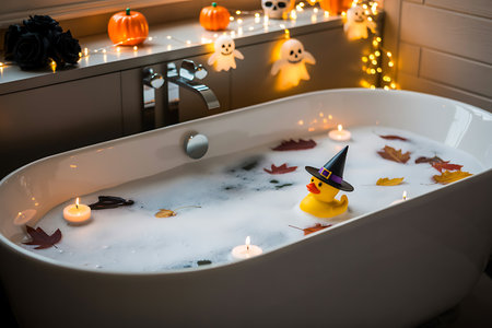 Halloween decoration with candles in a bathtub with pumpkins and ghostsの写真素材