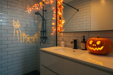 Halloween decoration with pumpkins in the bathroom. 3d renderの写真素材