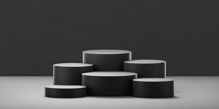 Black round podium on black background. 3d rendering, 3d illustration.の写真素材