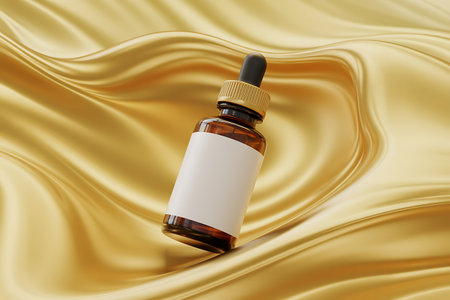 bottle of cosmetic oil on gold silk background. 3d renderingの写真素材