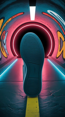 3d rendering of shoe in dark tunnel with neon light on itの写真素材