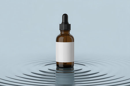 Mock up of a brown glass dropper bottle with blank label on water ripplesの写真素材