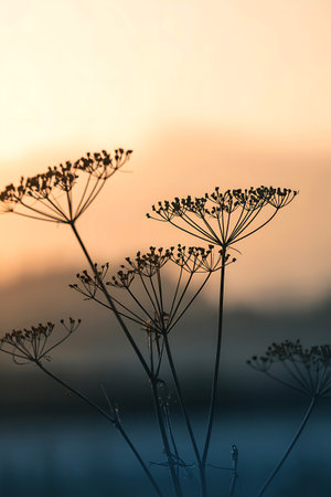 Silhouette of dill at sunset. Shallow depth of field.の写真素材