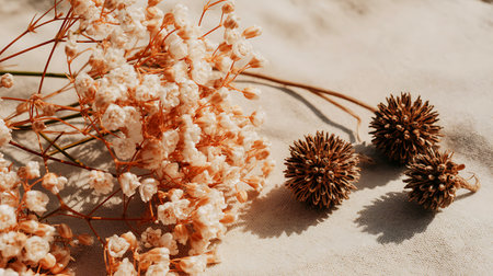 Beautiful dried flowers on the sand in the sun. Floral backgroundの写真素材