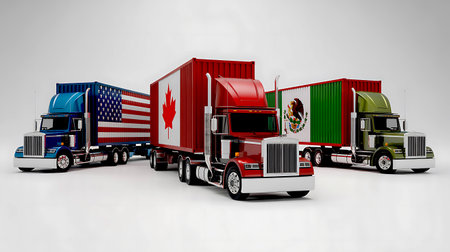 Trucks with flags of the United States and Mexico. Freight transportation related 3D renderingの写真素材