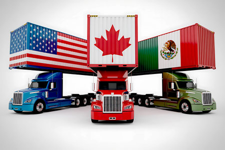 Cargo trucks with flags of Canada and Mexico. 3D renderingの写真素材