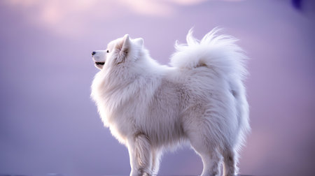 Border Collie dog in a lavender field at sunset or sunriseの写真素材
