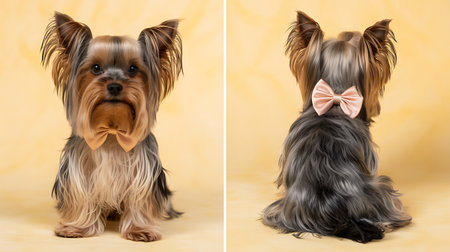 Yorkshire Terrier in a bow tie on a yellow background.の写真素材