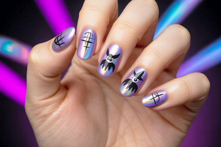 Female hand with purple nail design. Nail polish manicure.の写真素材