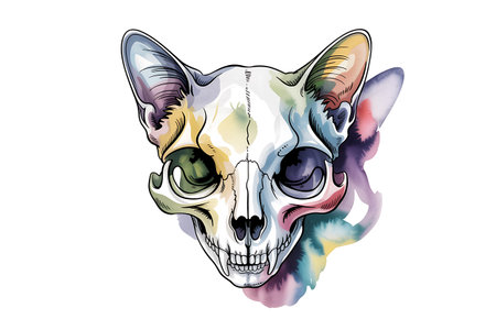 Cat skull with watercolor paint on white background. Vector illustration.の写真素材