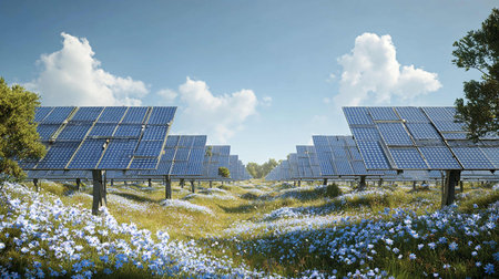 solar energy panels and flowers in the field, blue sky backgroundの写真素材