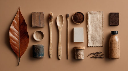 Zero waste concept. Eco friendly bamboo toothbrushes, bamboo toothbrushes, cocoa powder, leaves on brown backgroundの写真素材