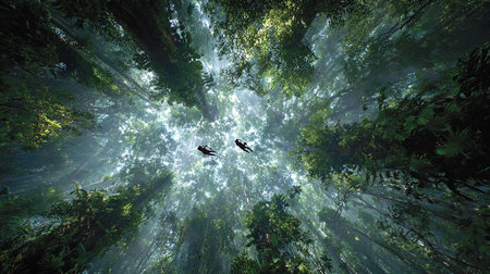 Tropical forest with man and woman diving in the water.の写真素材